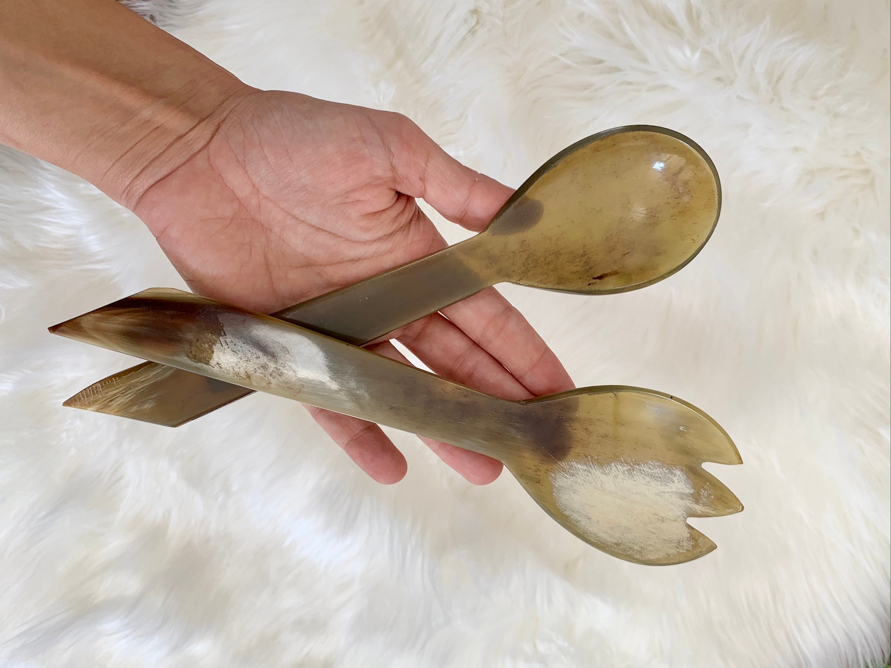 Vintage Carved Horn Serving Utensils Salad Servers Spoon Etsy