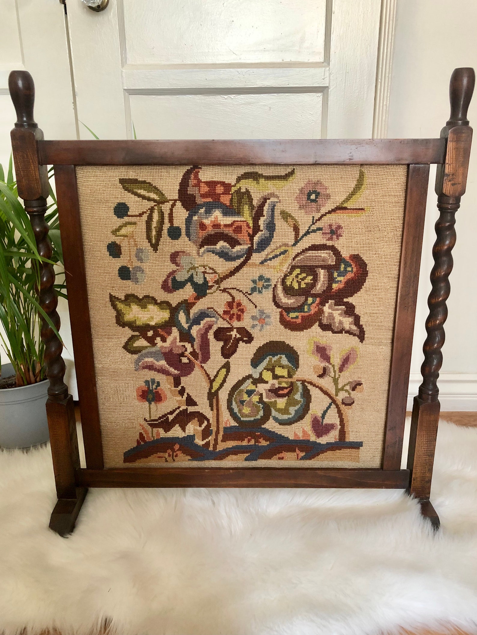 Vintage Needlepoint Tapestry Fireplace Screen Antique Wood Etsy