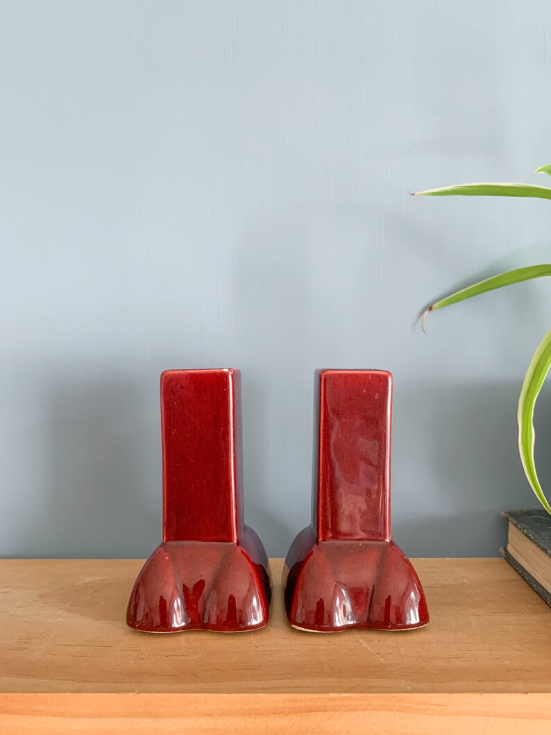 Pair Maroon Ceramic Candlestick Holders Vintage Candle Holders, Matching Candleholders image 6