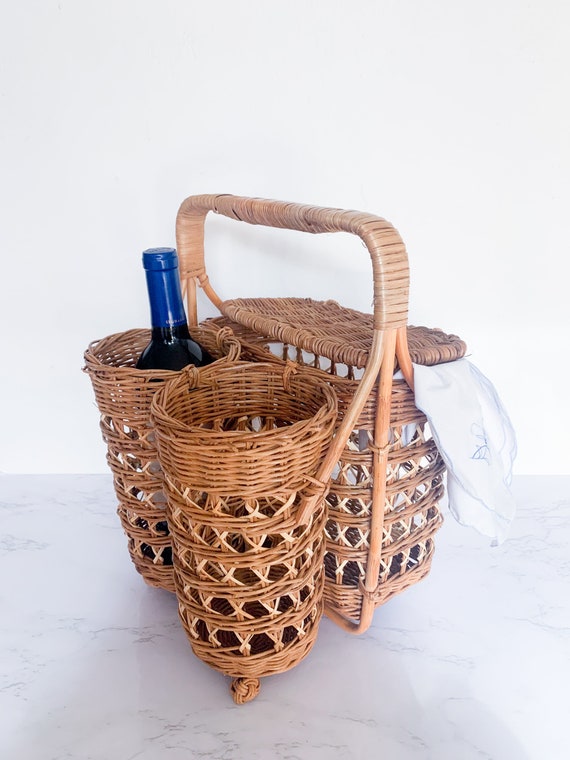 Vintage Rattan Wine Caddy Picnic Basket – Boho Wi… - image 2