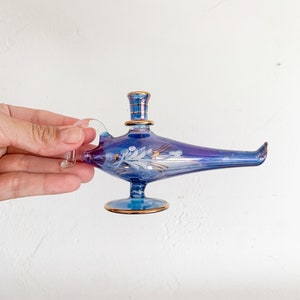 Vintage Blue Egyptian Glass Genie Lamp Perfume Bottle Eclectic Decor, Tiny Vase image 5