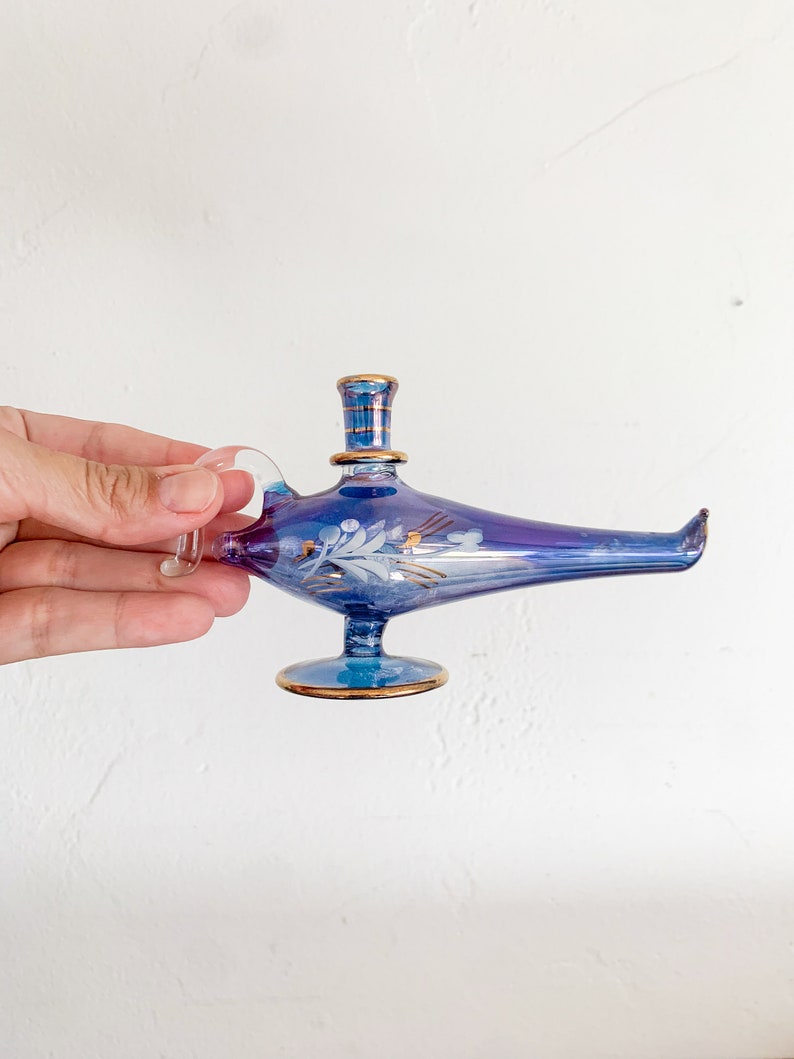Vintage Blue Egyptian Glass Genie Lamp Perfume Bottle Eclectic Decor, Tiny Vase image 5