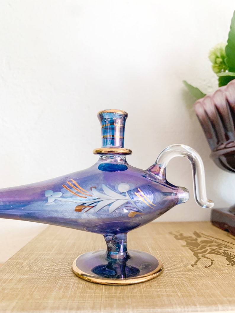 Vintage Blue Egyptian Glass Genie Lamp Perfume Bottle Eclectic Decor, Tiny Vase image 6