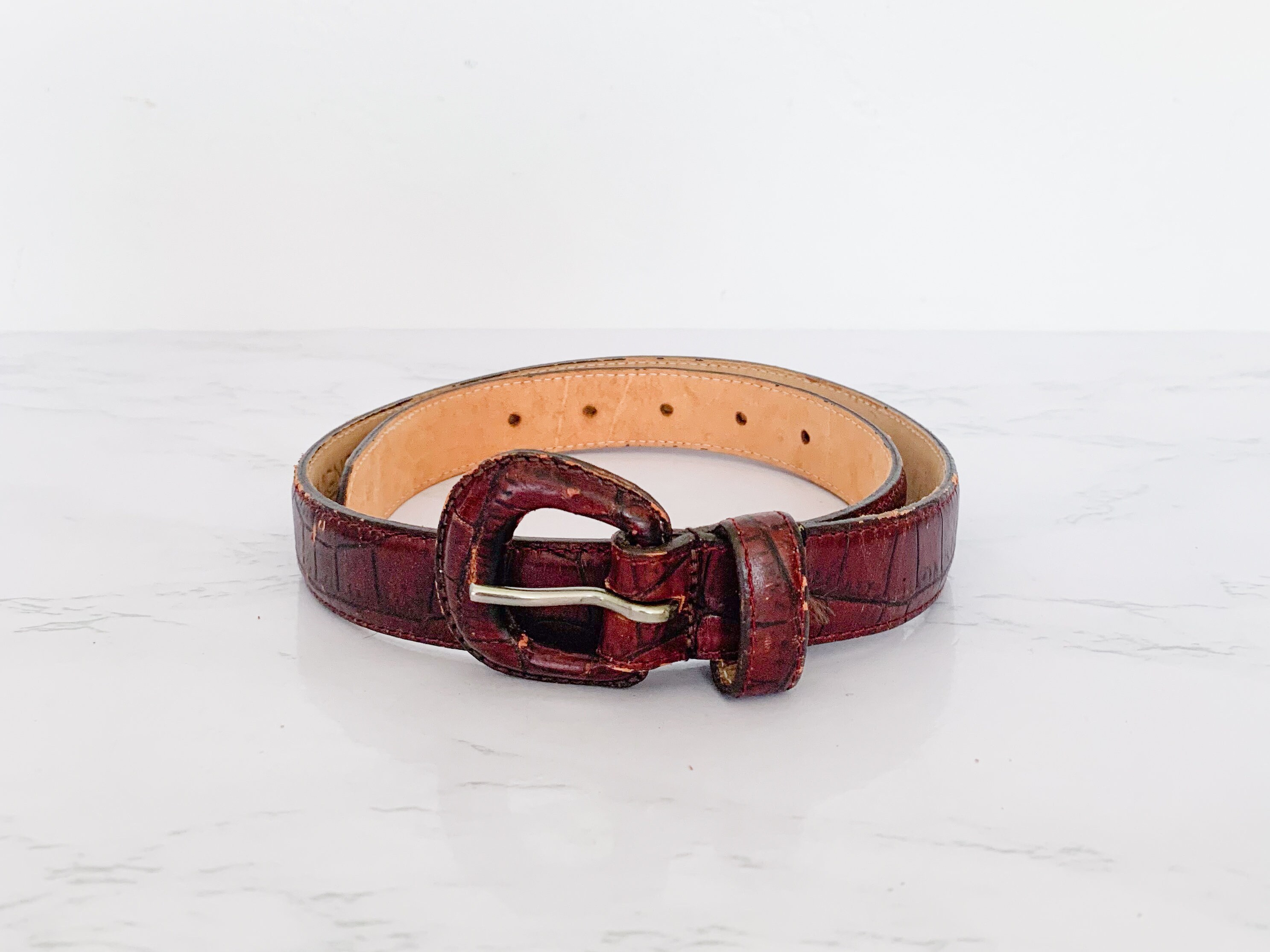 High Waisted Brown Leather Croc Belt – Genuine Leather Belt  display picture 3