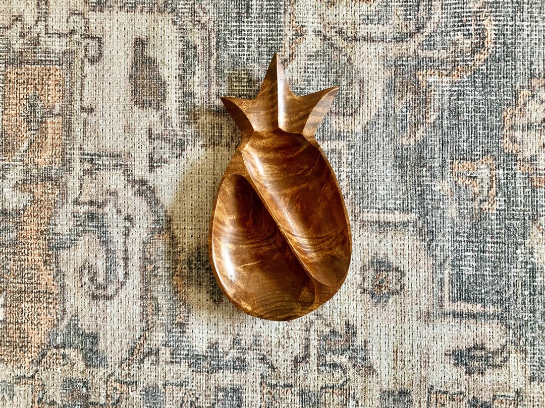 Vintage Pineapple Monkey Pod Bowl Wooden Trinket Dish, Hawaiian Decor