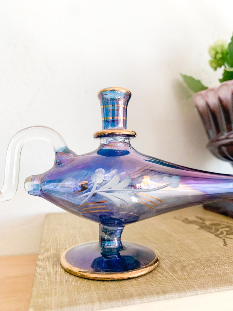 Vintage Blue Egyptian Glass Genie Lamp Perfume Bottle Eclectic Decor, Tiny Vase image 7