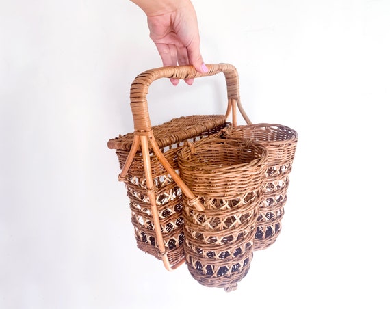 Vintage Rattan Wine Caddy Picnic Basket – Boho Wi… - image 1