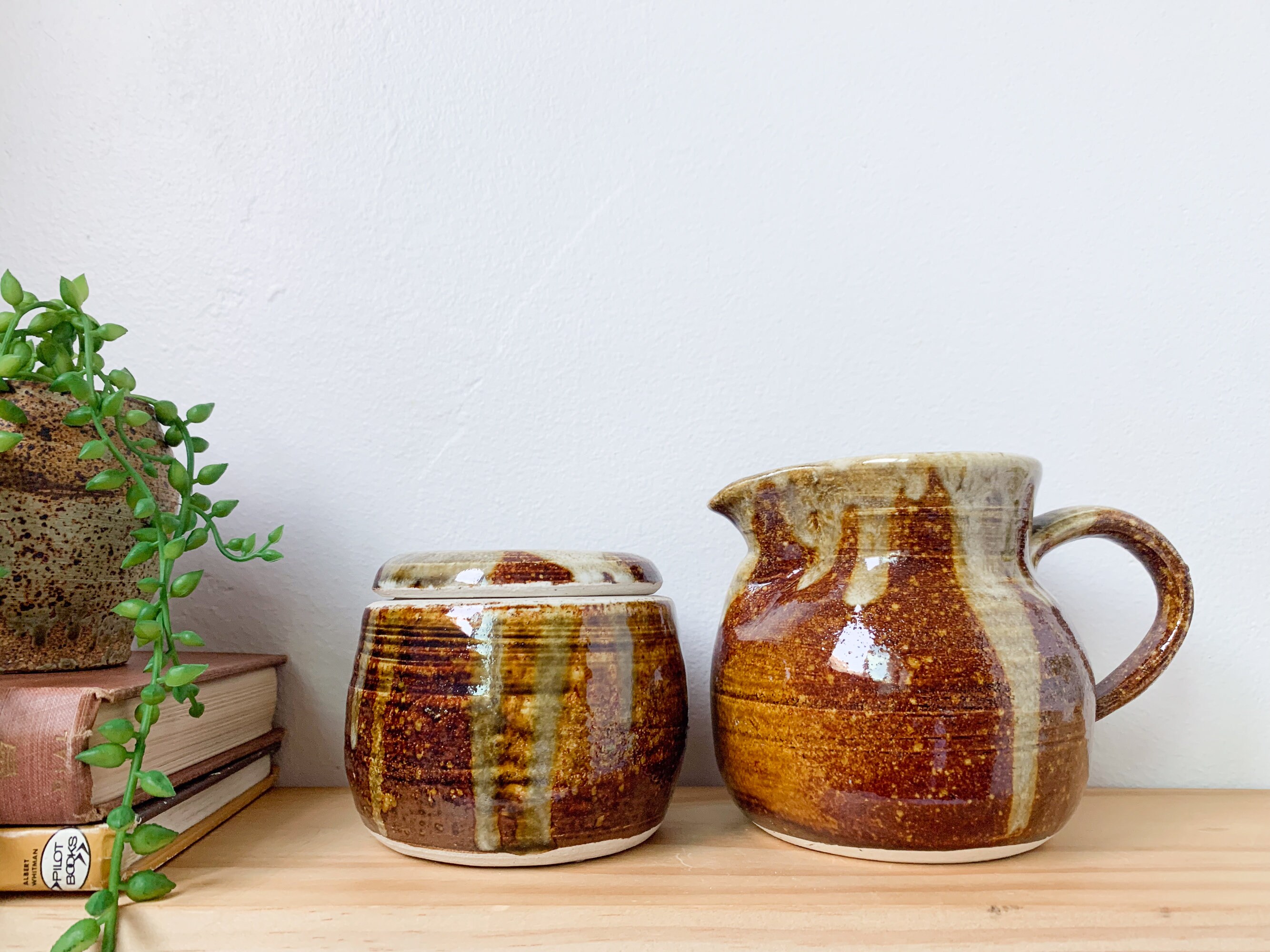 Vintage Stoneware Creamer and Sugar Pot Set – Hand-thrown Brown Drip ...