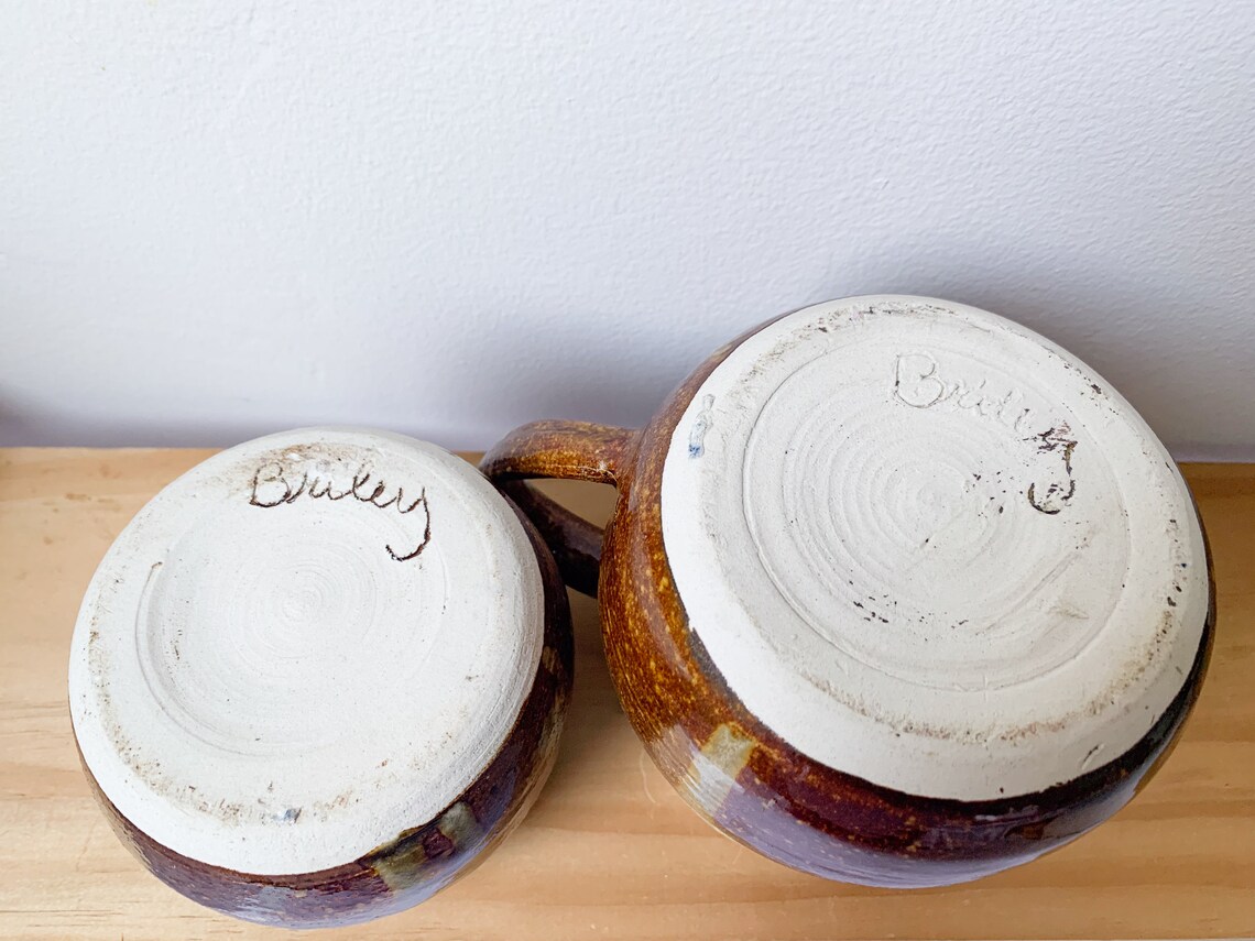 Vintage Stoneware Creamer and Sugar Pot Set – Hand-thrown Brown Drip ...