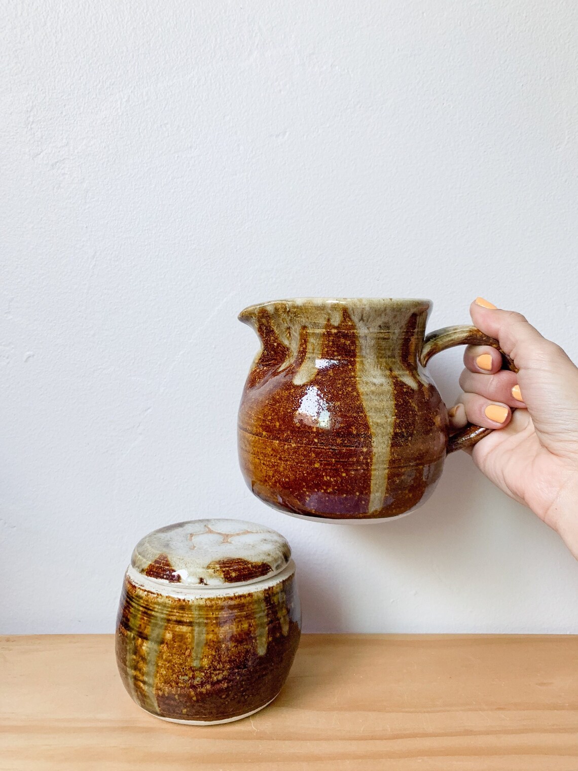 Vintage Stoneware Creamer and Sugar Pot Set – Hand-thrown Brown Drip ...