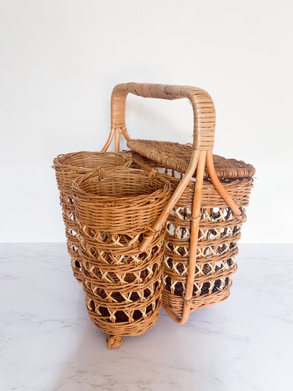 Vintage Rattan Wine Caddy Picnic Basket – Boho Wi… - image 7