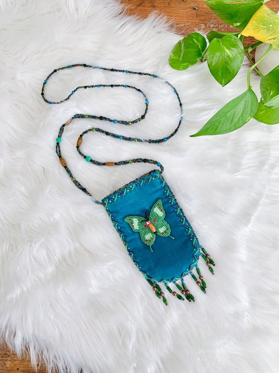 1990s Small Beaded Butterfly Purse – Blue Velvet … - image 1