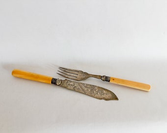 EPNS A1 Sheffield England Silber und Knochenbesteck - Gabel und Messer aus Ätzsilber, antikes Besteck