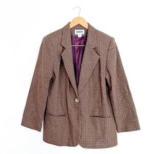Vintage Brown Houndstooth Wool Blazer – Winter Coat, Tweed Jacket, Sag Harbor Coat