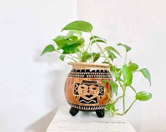 Primitive Carved Gourd Planter / Basket – Eclectic Decor, Boho Planter, Folk Art