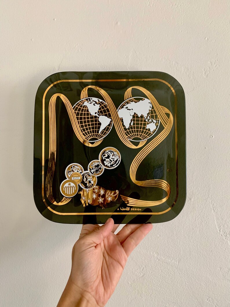 Mid Century Smoked Glass Plate with 24K Gold Overlay Retro Decor, Vibtage Tray, Man Cave image 1