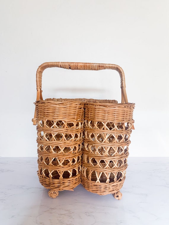 Vintage Rattan Wine Caddy Picnic Basket – Boho Wi… - image 3