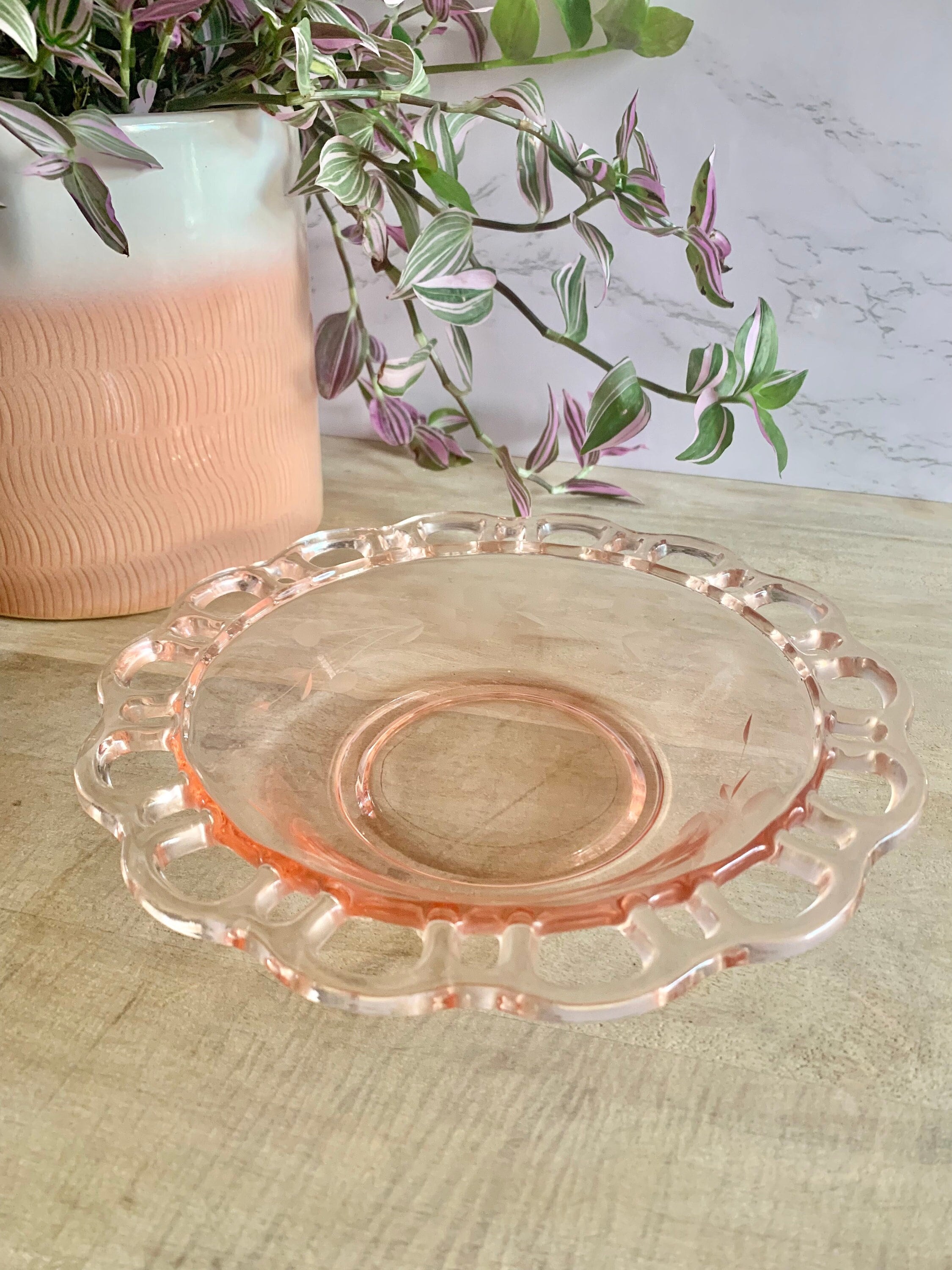 Vintage Pink Depression Glass Open Lace Bowl – Candy Dish, Serving