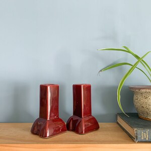 Pair Maroon Ceramic Candlestick Holders Vintage Candle Holders, Matching Candleholders image 3