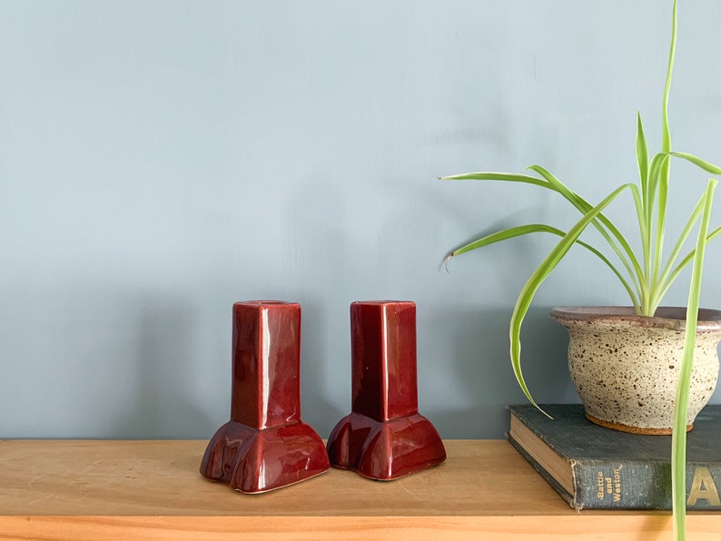 Pair Maroon Ceramic Candlestick Holders Vintage Candle Holders, Matching Candleholders image 3