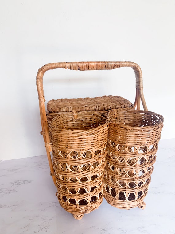 Vintage Rattan Wine Caddy Picnic Basket – Boho Wi… - image 4