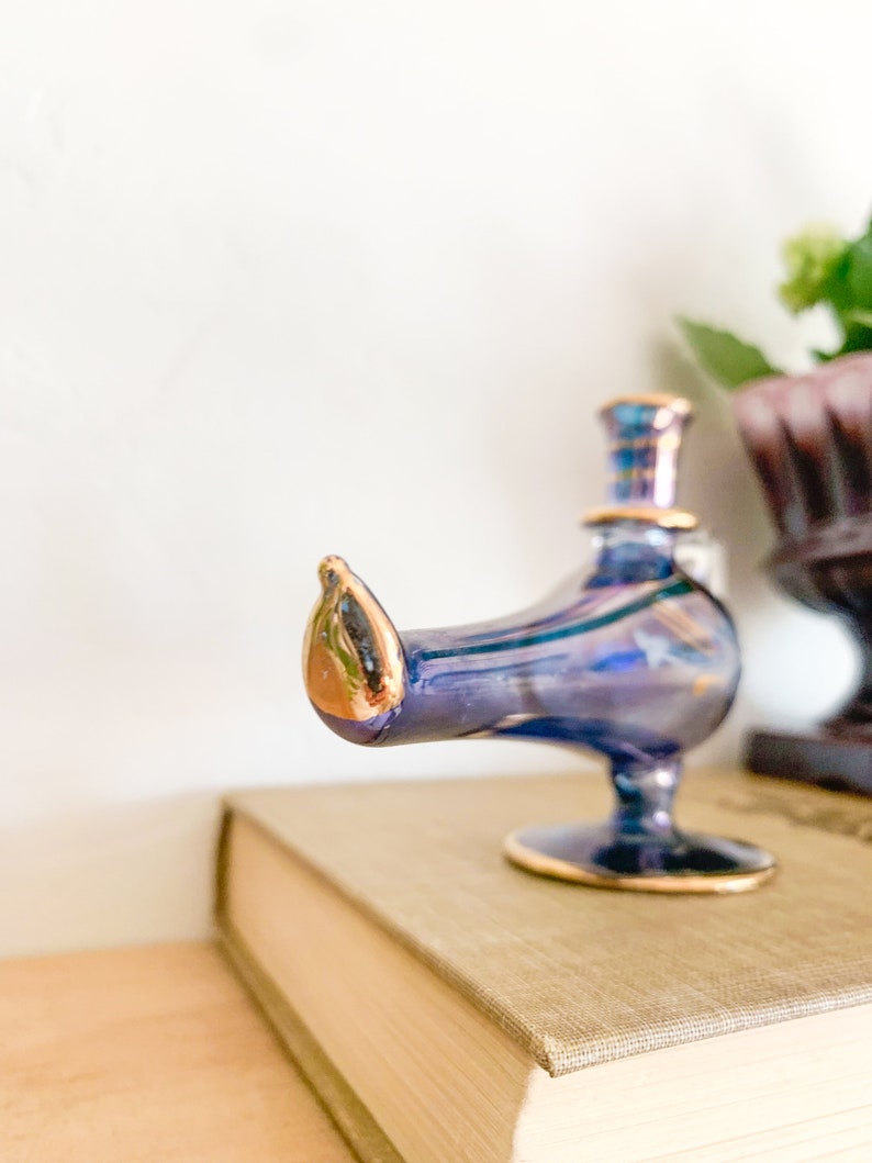 Vintage Blue Egyptian Glass Genie Lamp Perfume Bottle Eclectic Decor, Tiny Vase image 9