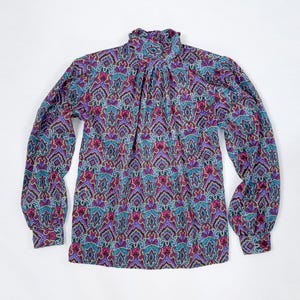 80s 90s Colorful Print Blouse | Mock Neck Puff Sleeve Blouse, Vintage Dress Top