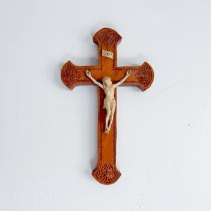 Vintage Wood and Plastic Crucifix – Carved Cross, Catholic Decor, Wall Crucifix