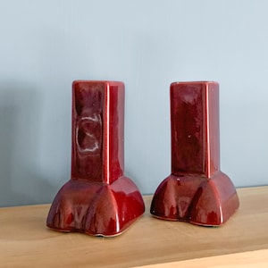 Pair Maroon Ceramic Candlestick Holders Vintage Candle Holders, Matching Candleholders image 4