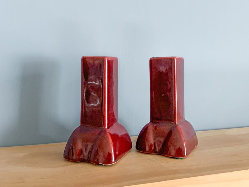 Pair Maroon Ceramic Candlestick Holders Vintage Candle Holders, Matching Candleholders image 4