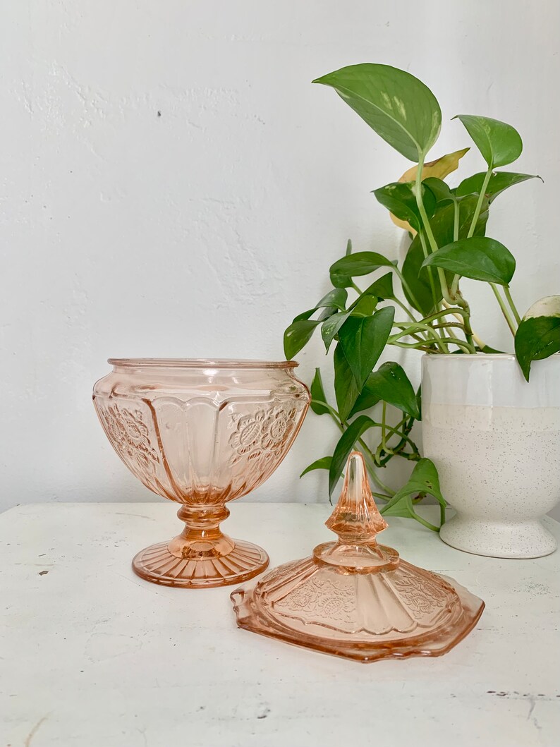 Vintage Pink Depression Glass Candy Dish With Lid Anchor Etsy
