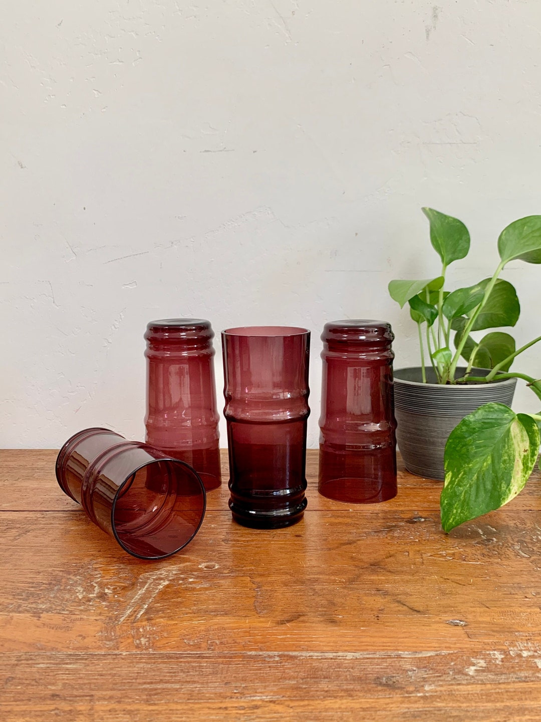Vintage Purple Glass Tumblers set of 4 Retro Water Glasses, Vintage Bar