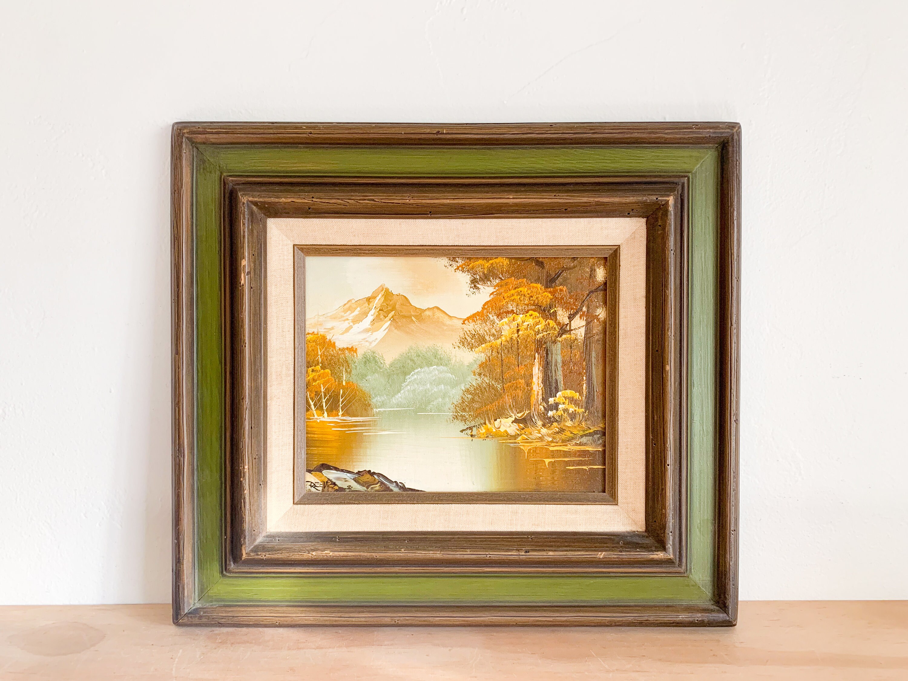 直筆絵画 女性と湖の風景 装飾額縁付き 【公式通販】