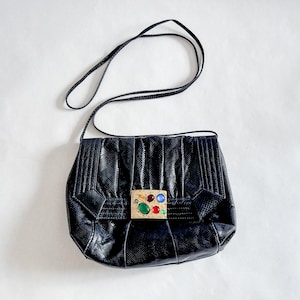 80s Sharif Snakeskin Purse With Jewel Closure | Vintage Evening Bag, Black Leather Crossbody