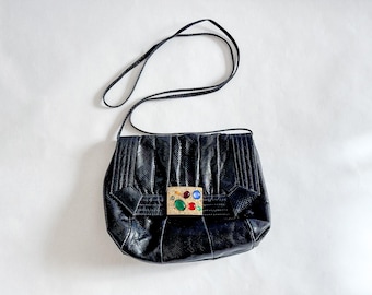 80s Sharif Snakeskin Purse With Jewel Closure | Vintage Evening Bag, Black Leather Crossbody