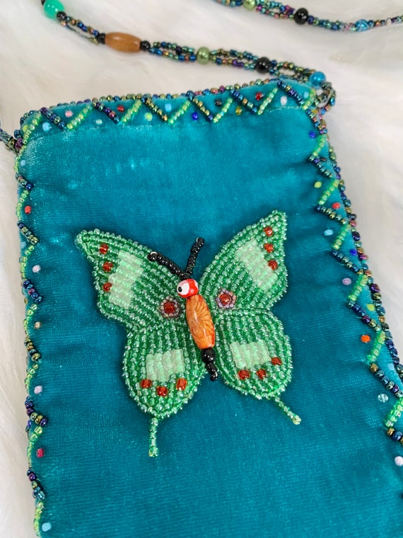 1990s Small Beaded Butterfly Purse – Blue Velvet … - image 3