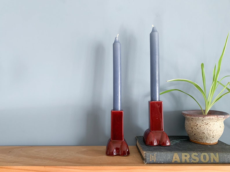 Pair Maroon Ceramic Candlestick Holders Vintage Candle Holders, Matching Candleholders image 1