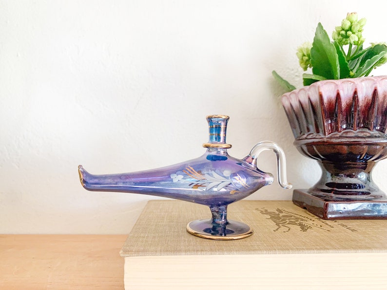 Vintage Blue Egyptian Glass Genie Lamp Perfume Bottle Eclectic Decor, Tiny Vase image 4