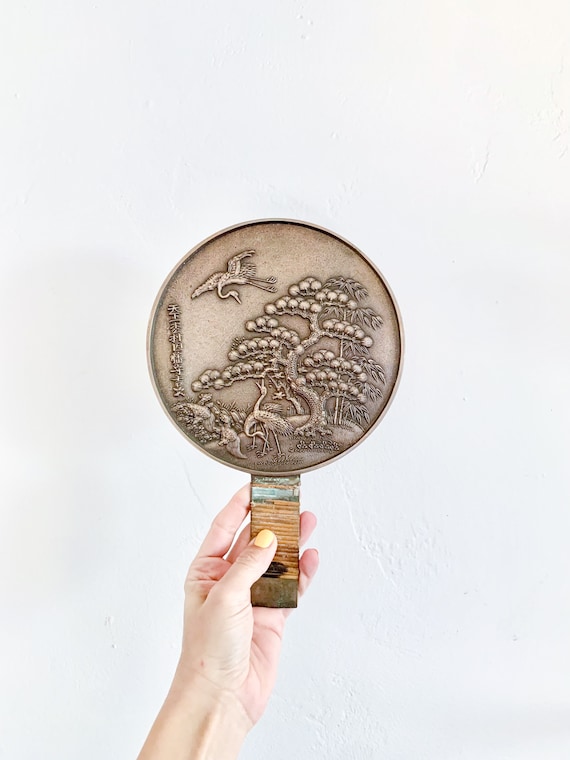 日本のアンティークブロンズ鏡 - 芸者鏡、鶴 - Etsy 日本