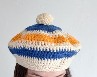 Handmade Crochet Beret – Blue & Cream Checkered Fluffy  display picture 1