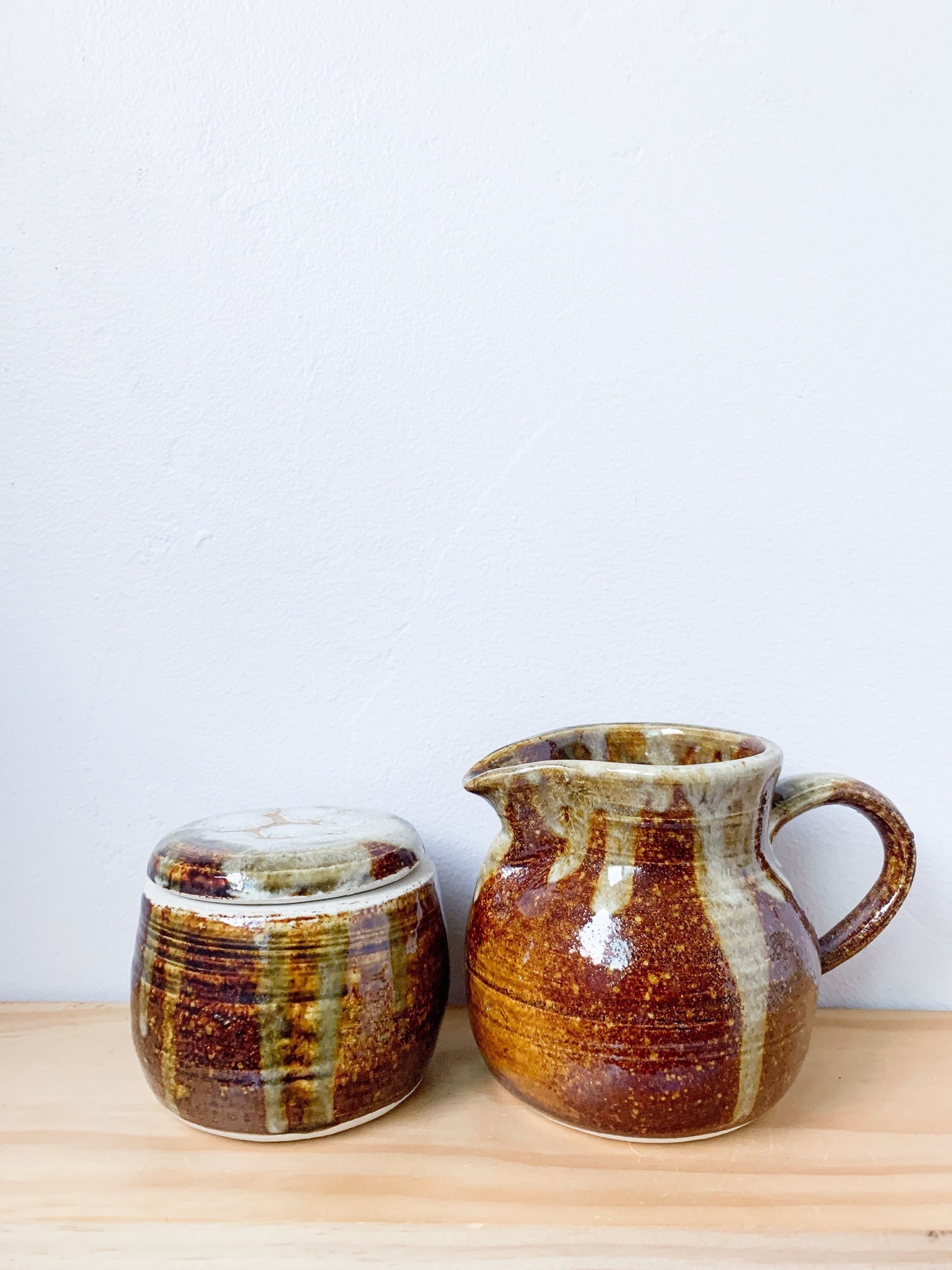 Vintage Stoneware Creamer and Sugar Pot Set – Hand-thrown Brown Drip ...