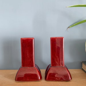 Pair Maroon Ceramic Candlestick Holders Vintage Candle Holders, Matching Candleholders image 7