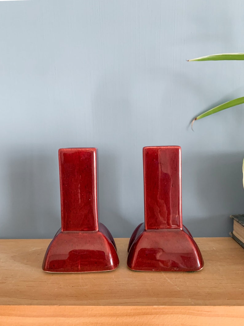 Pair Maroon Ceramic Candlestick Holders Vintage Candle Holders, Matching Candleholders image 7