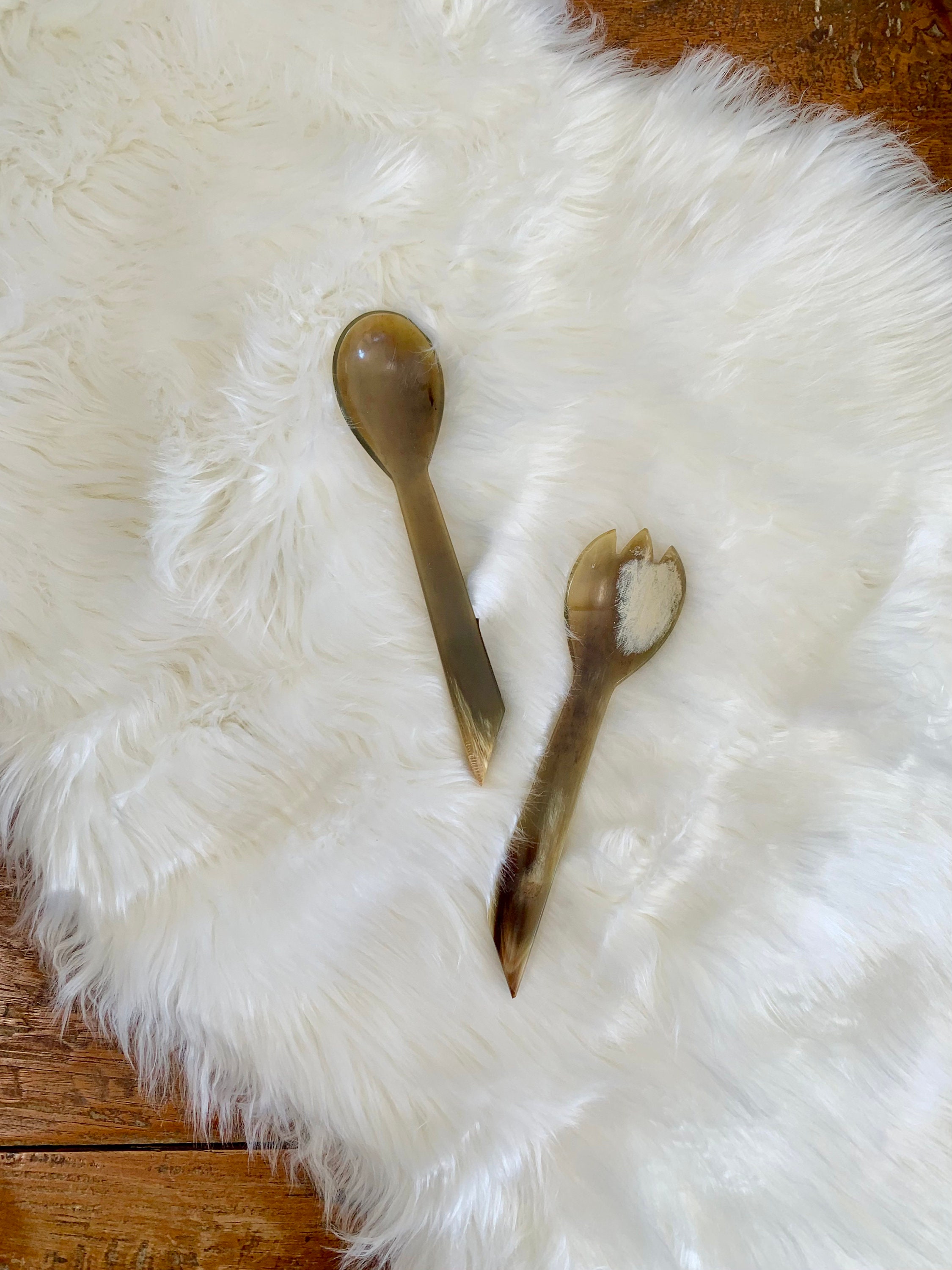 Vintage Carved Horn Serving Utensils Salad Servers Spoon Etsy