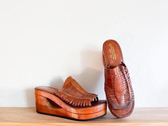 Vintage Leather Platform Wedge Sandals Size 8.5 –… - image 1