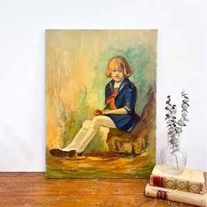 Vintage Sitting Girl Portrait Impressionist Painting – Child Portrait, Blonde Girl Painting,