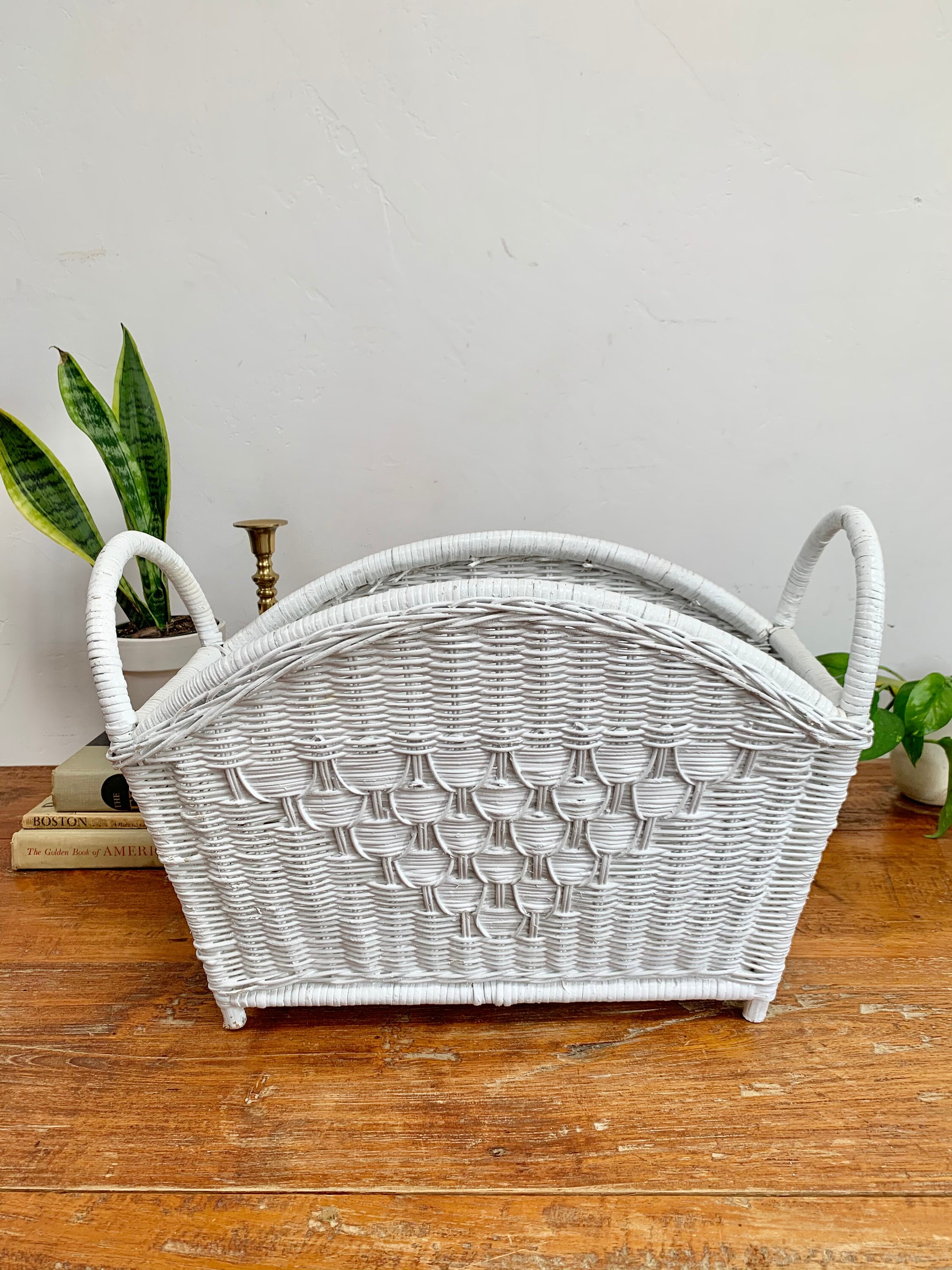 Vintage White Wicker Magazine Rack With Handles Record Etsy