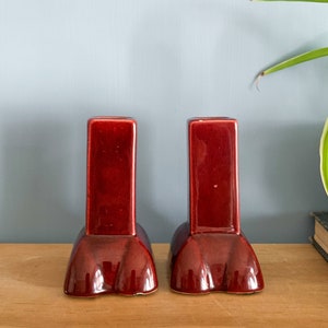 Pair Maroon Ceramic Candlestick Holders Vintage Candle Holders, Matching Candleholders image 2