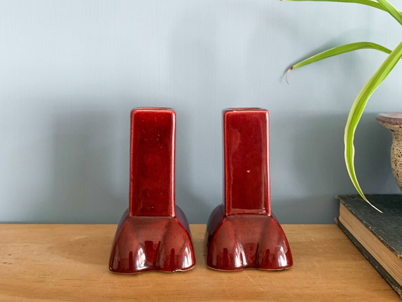 Pair Maroon Ceramic Candlestick Holders Vintage Candle Holders, Matching Candleholders image 2