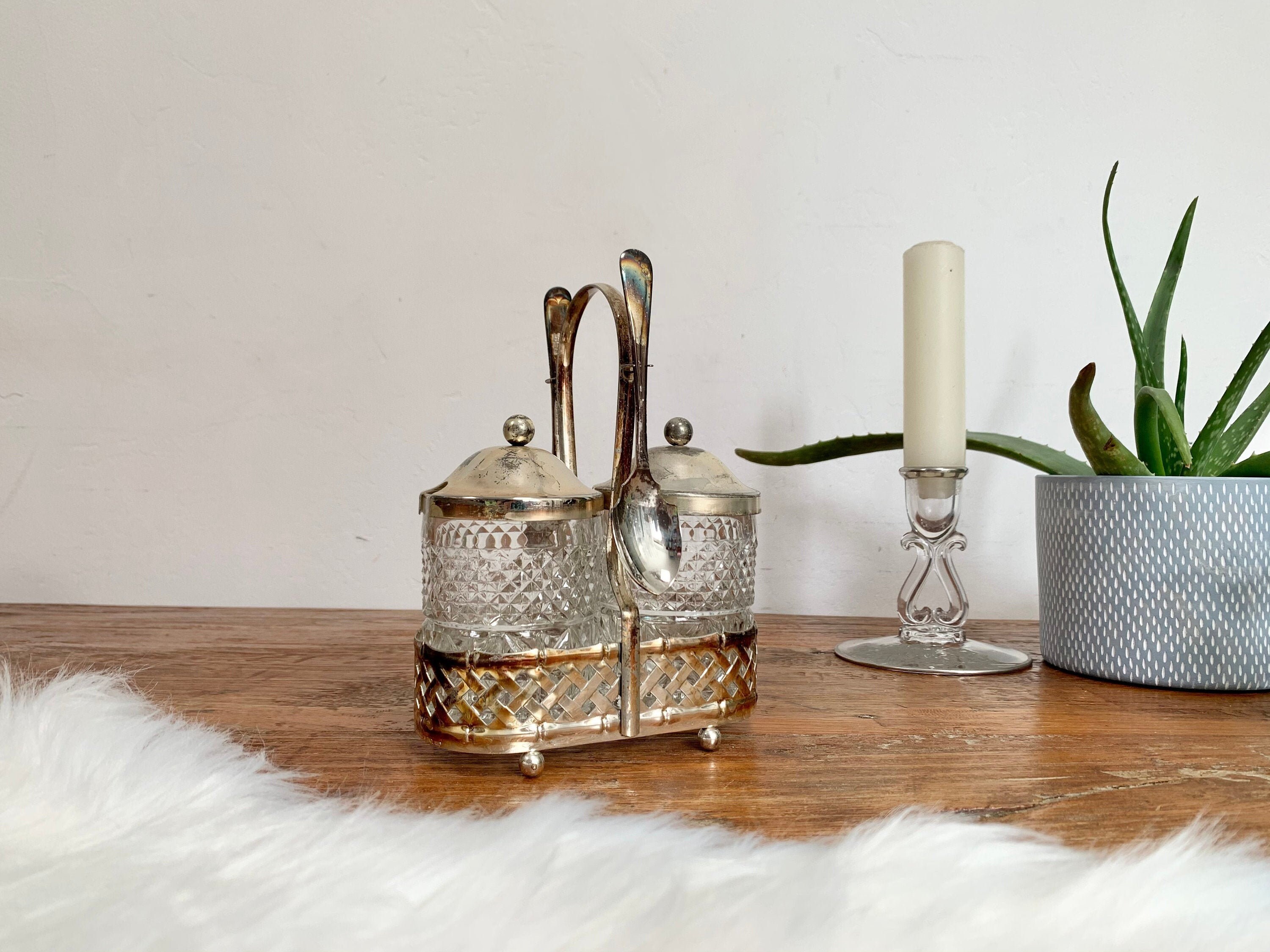 Vintage Glass Silver Condiment Caddy Condiment Set Silver Etsy